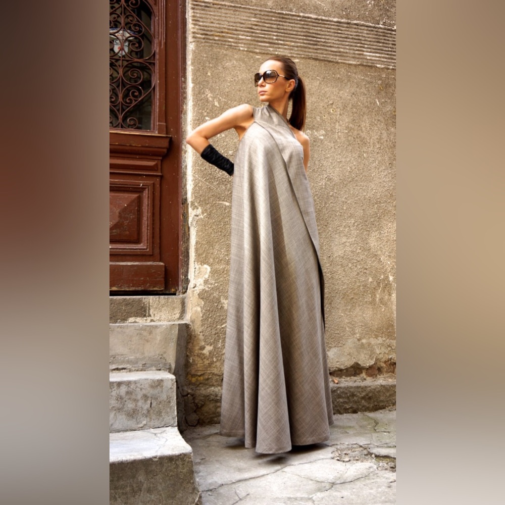 Aakasha One Shoulder Kaftan Linen Maxi‎ Dress Beige
